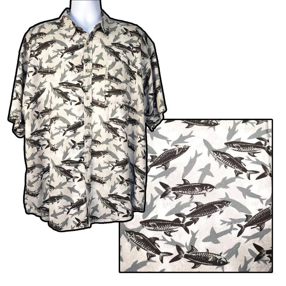 Columbia Flax Linen Button Up Shirt Tuna Fish Shark Novelty Print S/S Mens XL‎